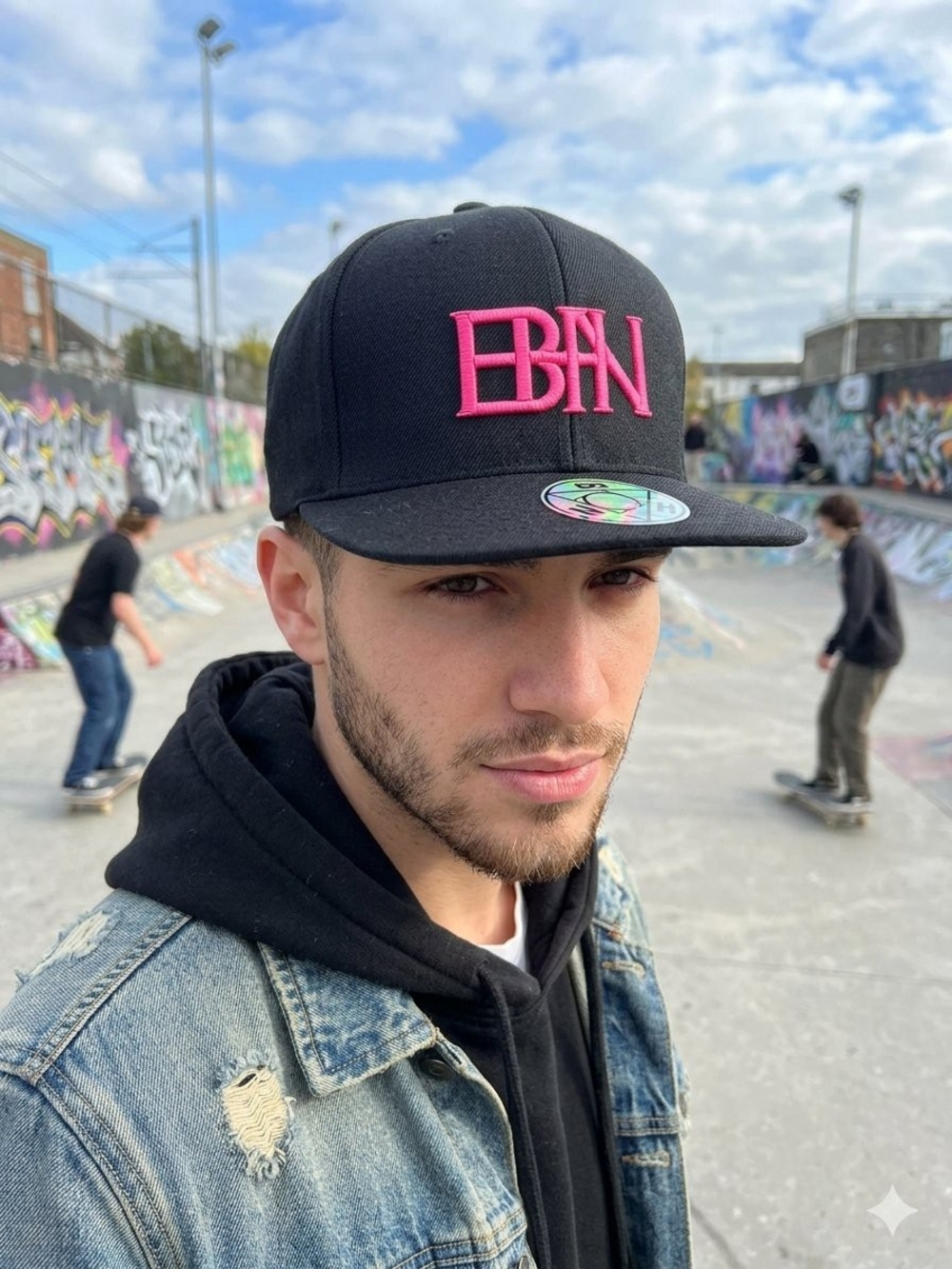 EBAN Men's Black Snapback Hat with Pink Embroidered Logo • Size OS